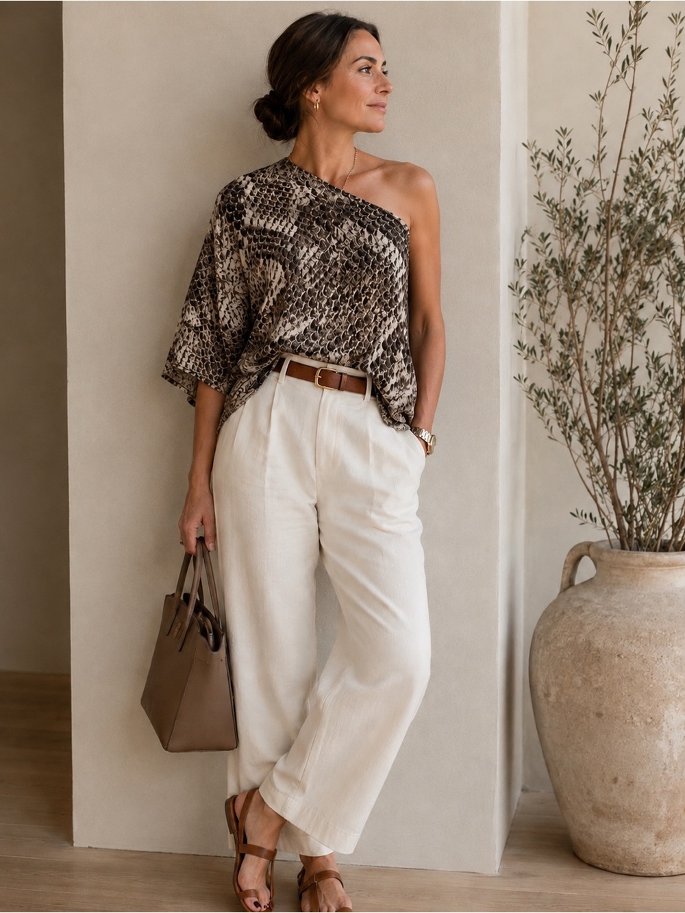 Olivaceous One-Shoulder Snake-Print Tunic in Brown and Cream
